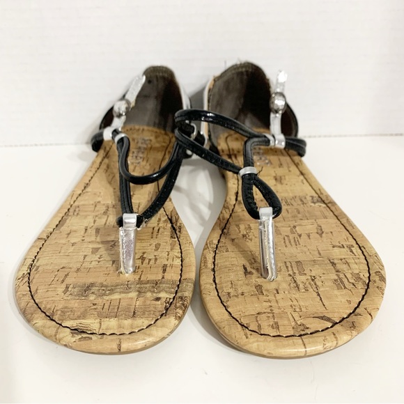 Report Cinda Faux Leather Faux Cork Thong Sandals Heel Back Adjust Ankle Straps - Picture 6 of 8